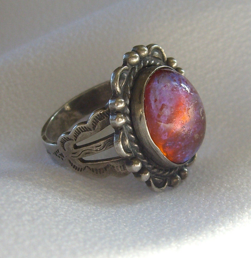 Dragon's Breath Ring / 1930s Glass Jelly Opal / Vintage Antique Sterling Jewelry / Size 6