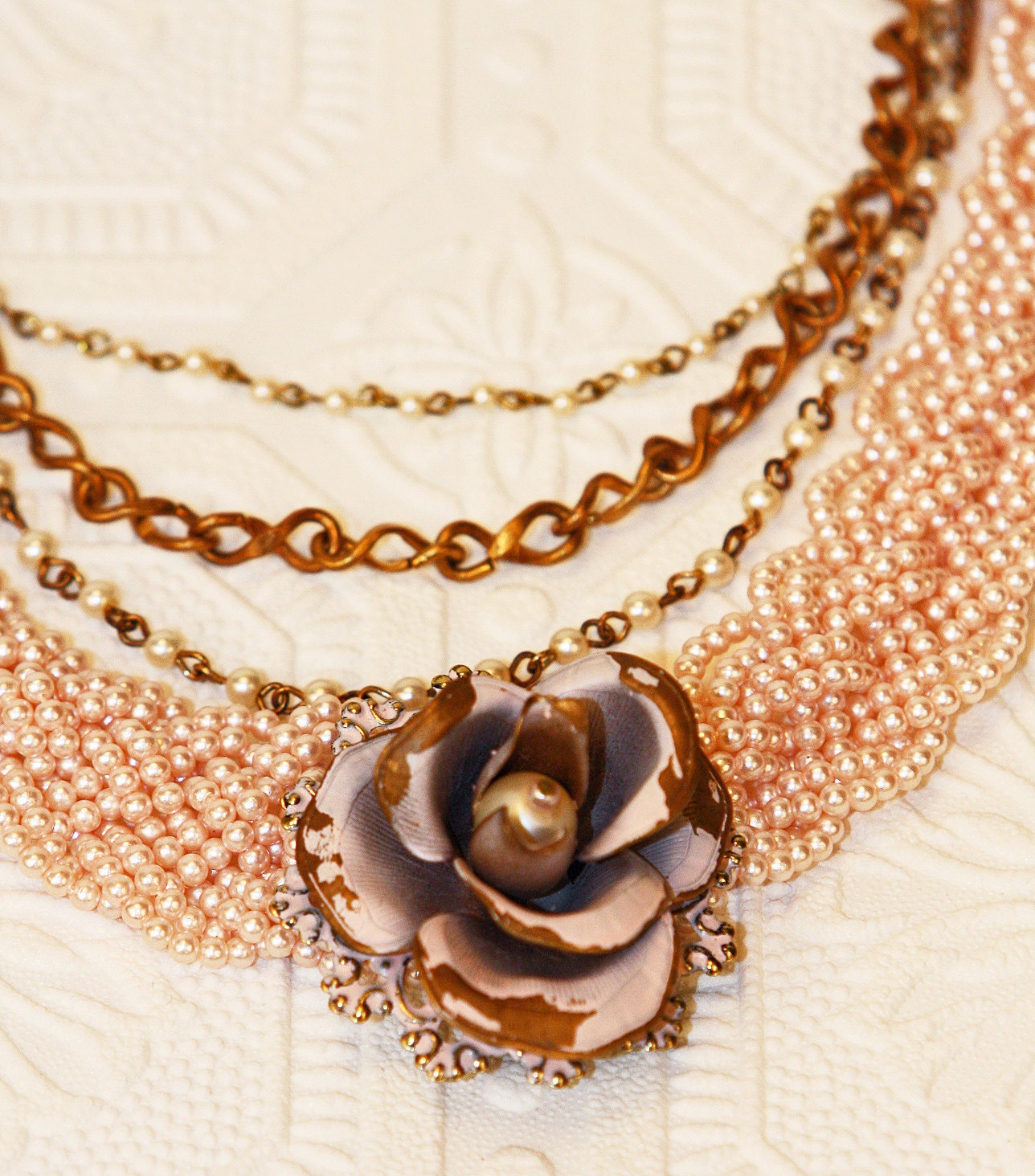 Soft Pink Pearl & Antique Gold Shabby Chic Rose Necklace