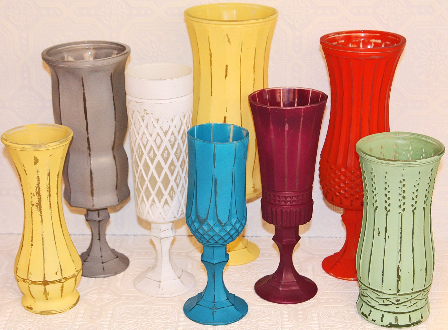 Set Of Shabby Chic Vintage Hand Painted Pedestal Vases