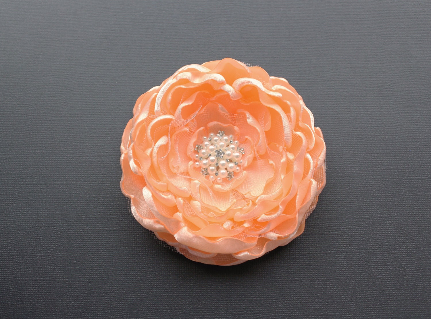 Light Peach Flower Brooch/ Hair Clip w/ Rhinestone Center/ Handmade Accessory/ Free Shipping on Additional Items