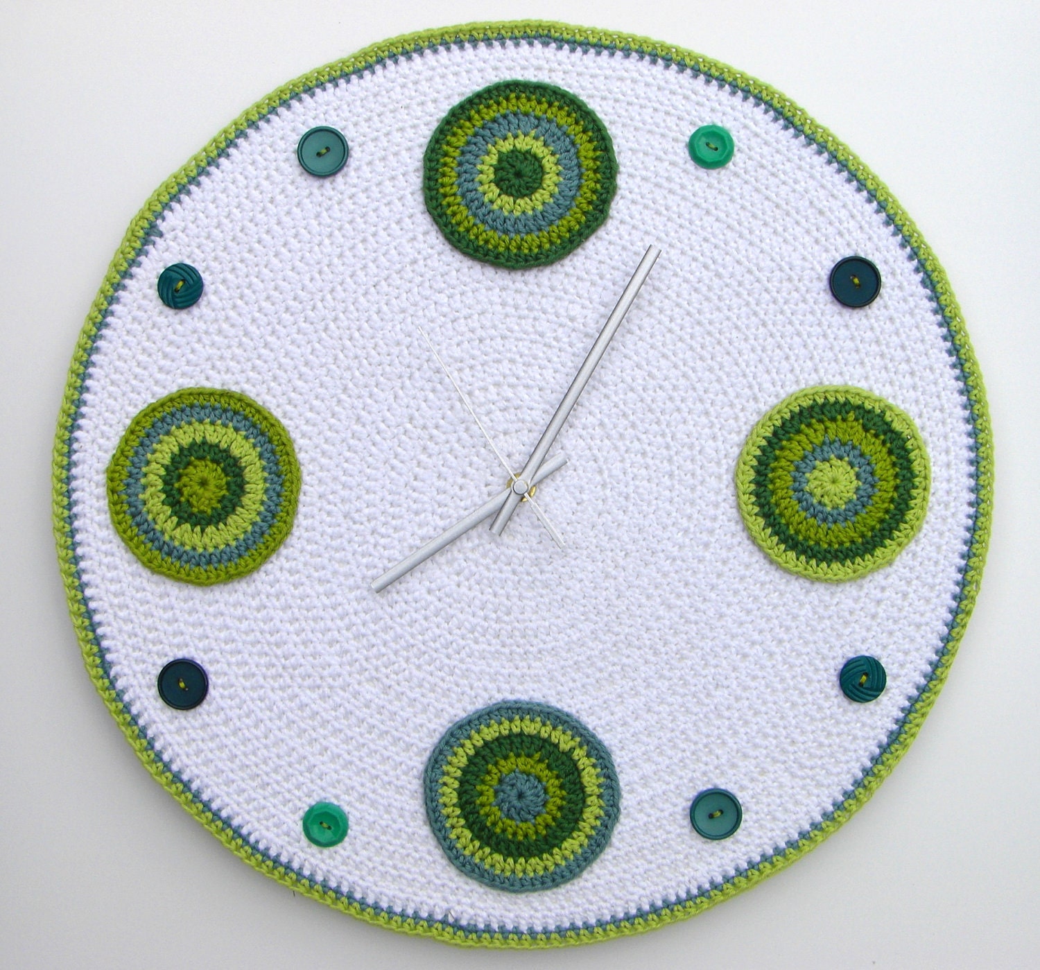 Large crochet wall clock in shades of green - 45cm diameter