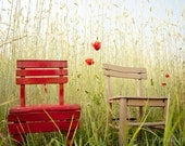 Nature Photograph 24x36, large fine art photo print, two chairs, poppy, red, harvest, landscape, large size home wall art
