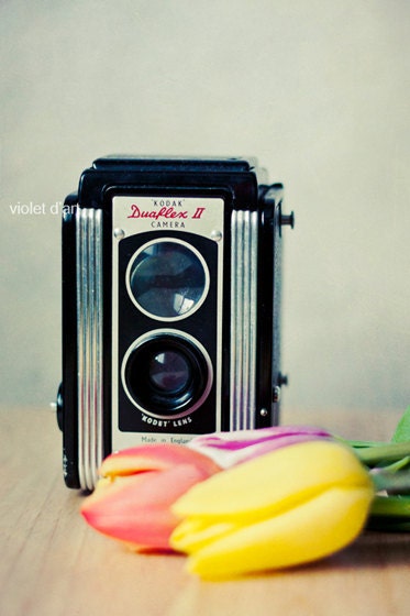 25% Off SALE Vintage Camera Still Life Fine Art Photograph. flower print home decor. shabby tulips kodak duaflex, soft colors pastel 6x9