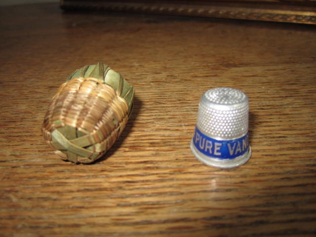 Victorian Grass Thimble basket with Sauer's thimble and Beautiful Handmade Pin cushion.