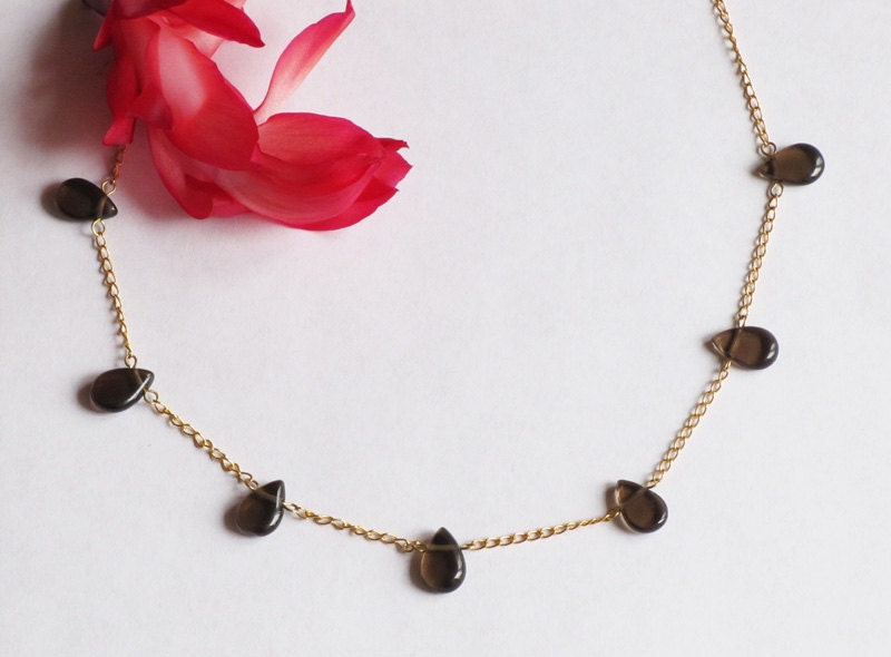 Brown Smoky Quartz teardrop stones on 14K gold filled necklace