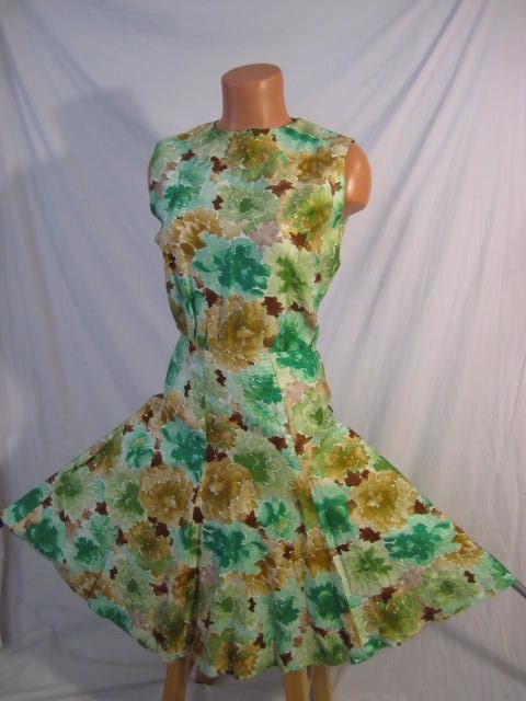 SPRING FLING watercolor floral day dress - swing mermaid circle skirt - festive green print sz S