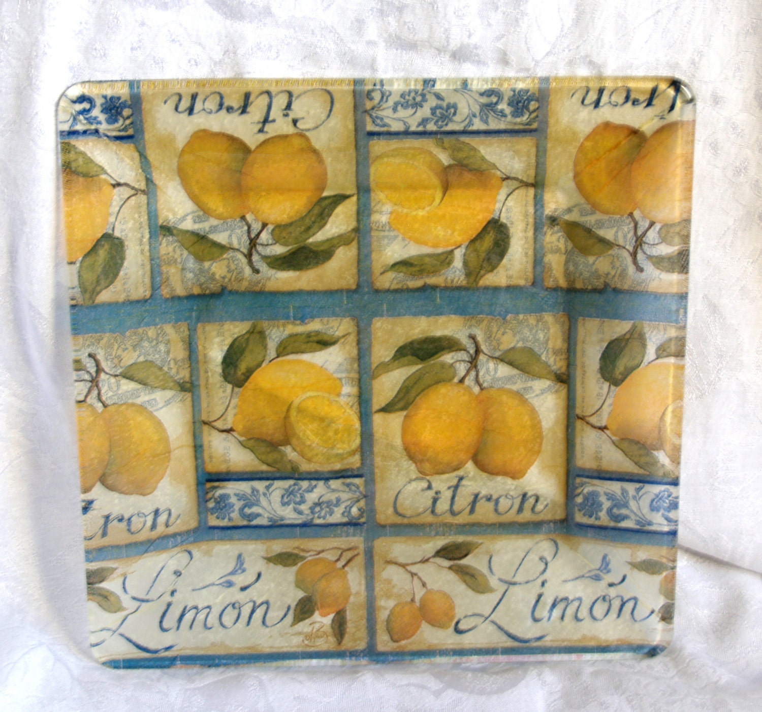 Lemon Yellow, "French Limon" Design, Blue & Yellow10" Square Semi Transparent Square Glass Platter