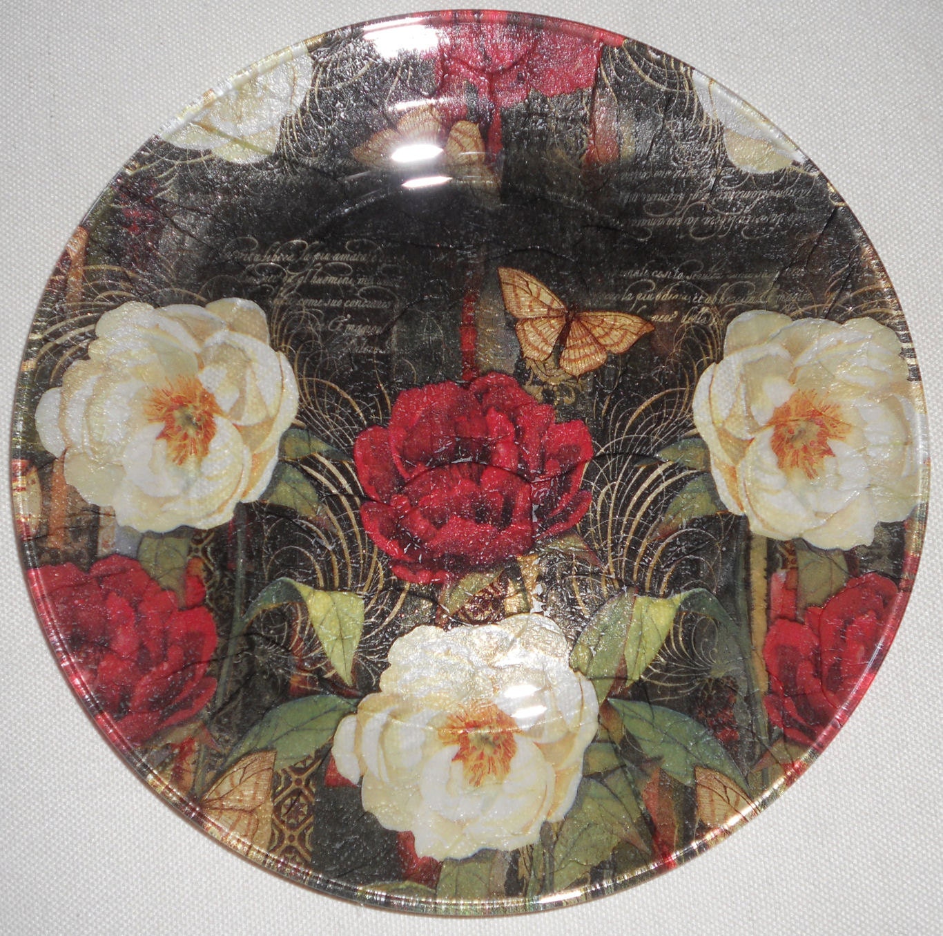 Roses Decor, ROSES NOIR Decorative Decoupage Glass Plate, Red and White Roses, Black bacground 10.5" Semi Transparent Plate