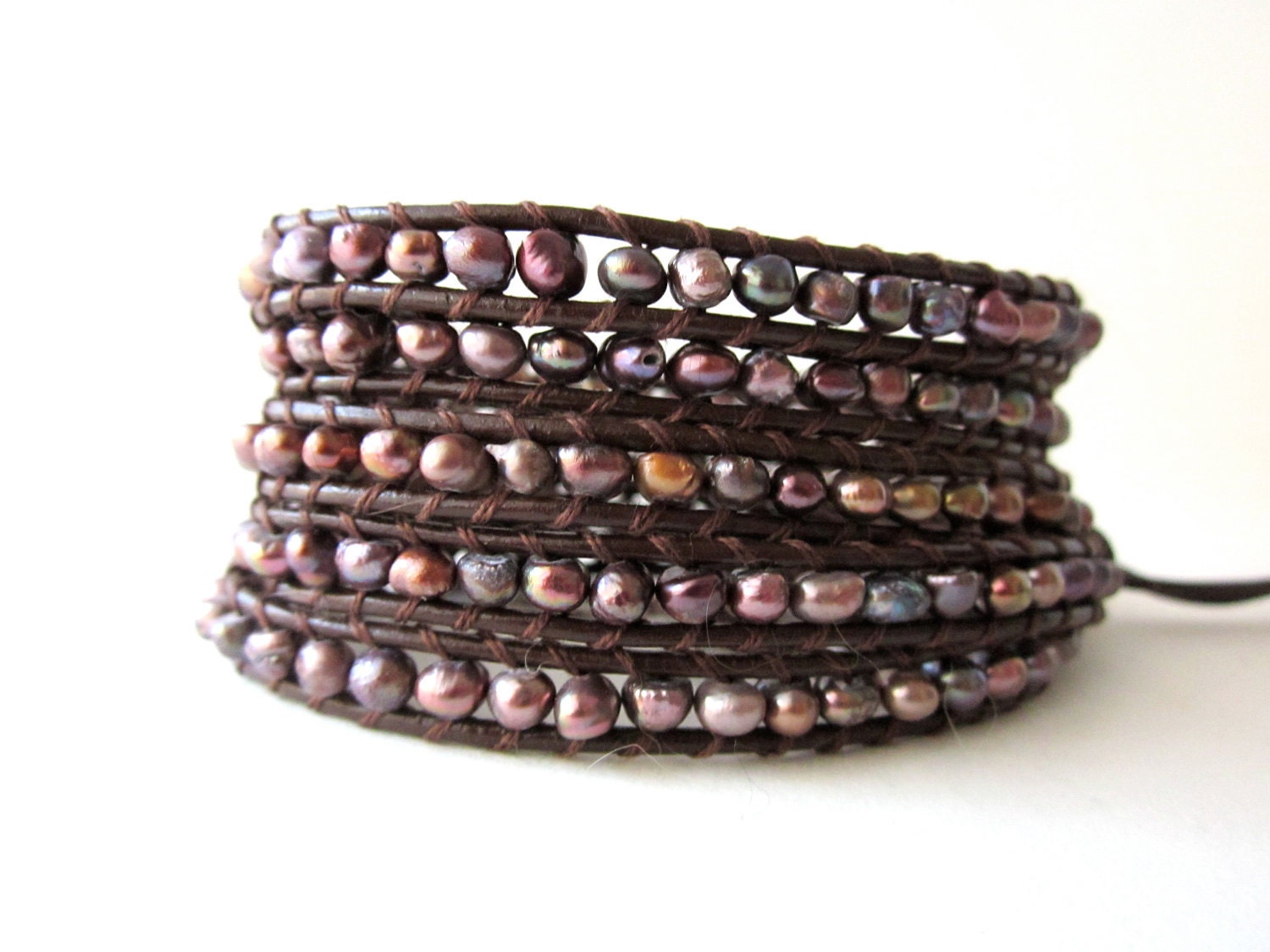 Brown leather wrap bracelet fresh water pearls pinks and golds, 5 wrap beaded leather bracelet