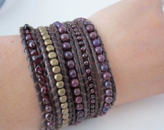 Beaded leather 5 wrap bracelet - Garnet, jasper, bronze and more garnet, february birthstone, boho chic, birthday present, organic