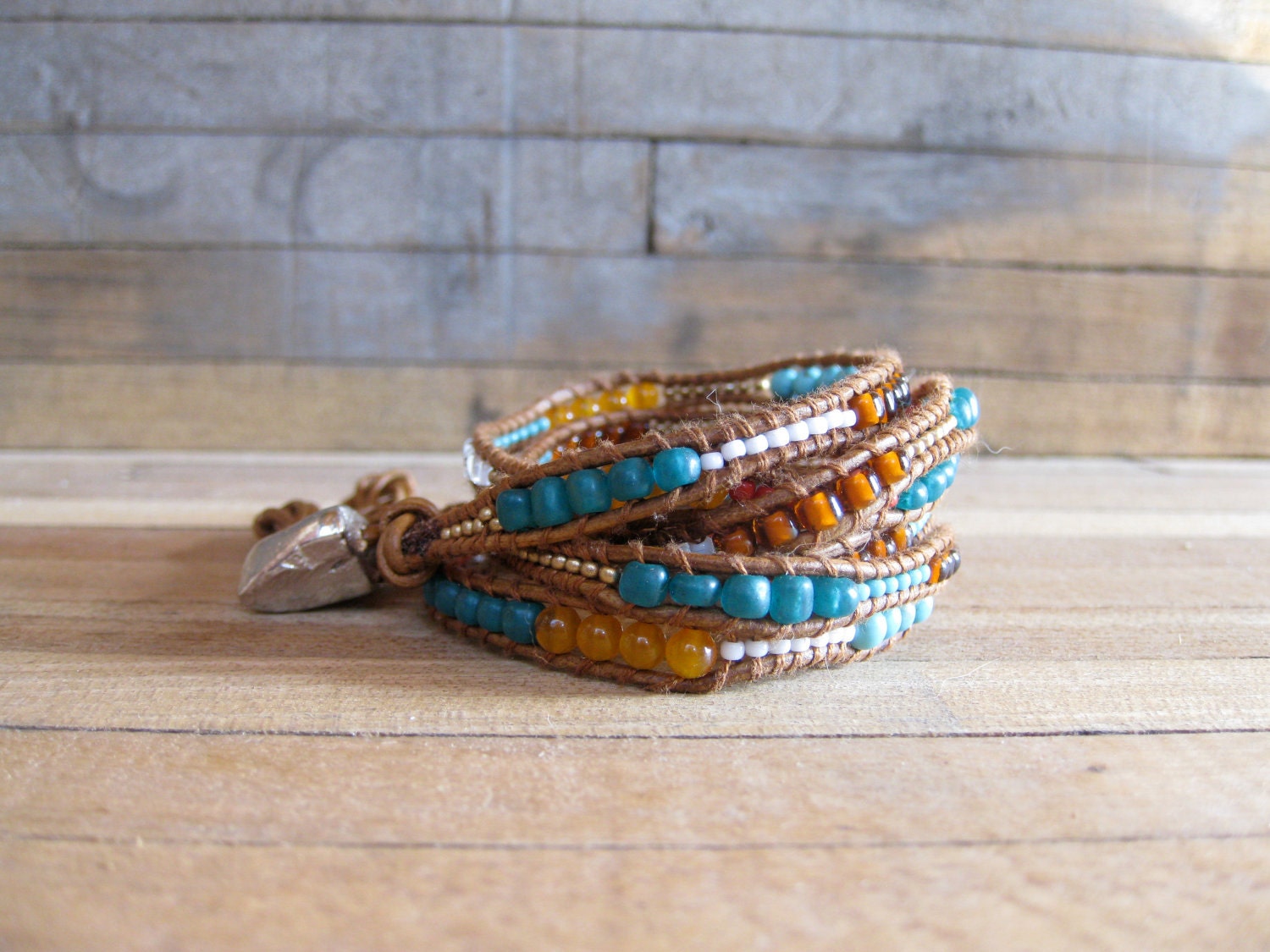 Leather wrap bracelet (6 wrap) - Turquoise, white, red coral, oranges, teal, matte gold, funky super long leather wrap bracelet, tan leather