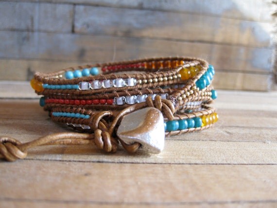 Leather wrap bracelet (6 wrap) - Turquoise, white, red coral, oranges, teal, matte gold, funky super long leather wrap bracelet, tan leather