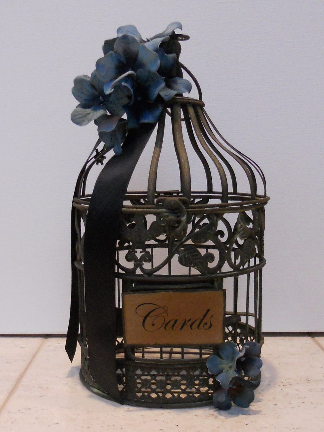 Small Round Rustic Birdcage/Wedding Card Holder / Black Satin Ribbon / Dark Teal Blooms