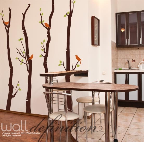 Wall Decals - 4 Birch Trees with Birds - Vinyl Wall Art Sticker Decal