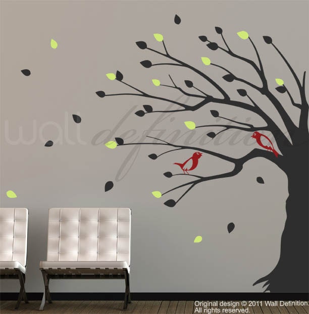 Tree Wall Decal Nursery Tree Decals - Weeping Tree with Birds and Blowing Leaves