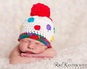 Fun Baby Hat White with Colorful Polka Dots & Big Pom Pom - You Choose Colors - Create Your Own Hat