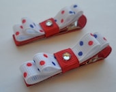 Set of Two (2) 4th of July Red, White, & Blue Polka Dot w/ Rhinestone Bling Tuxedo Hair Bow Clippies - Double Loop