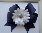 NAVY BLUE Boutique Style Hair Bow Clip with White Flower and Rhinestone BLING - Private Prep School Uniform  - 5" Inch
