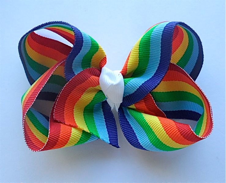 RAINBOW STRIPES & WHITE Boutique Hair Bow Clip -  Striped Twisted and Big - 5 inch