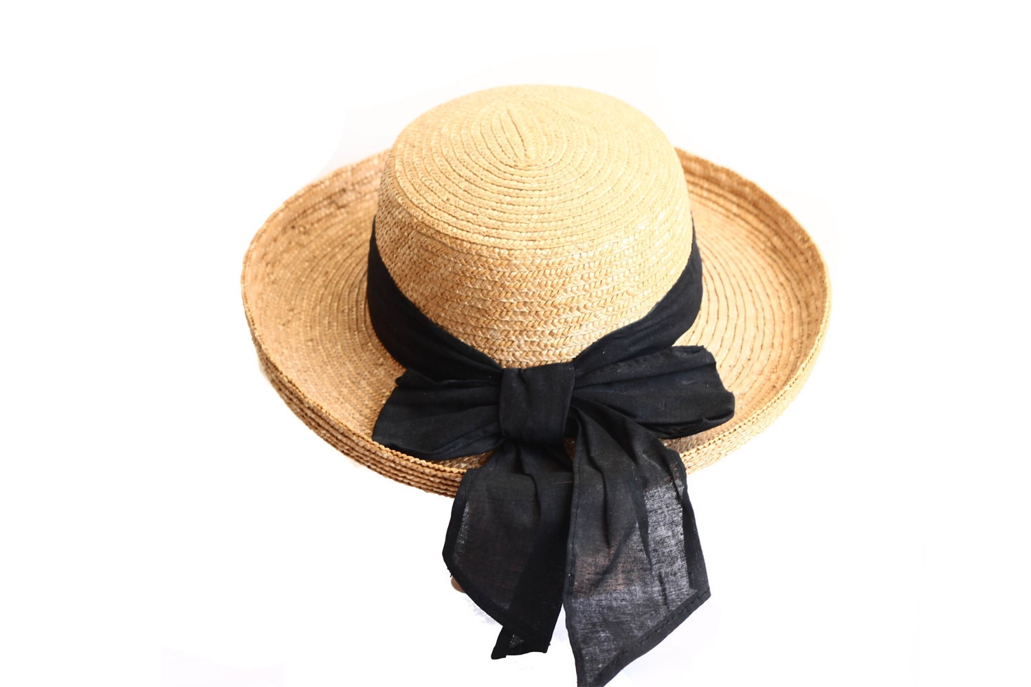 Beachy Straw Boater Hat with Black Cotton Bow