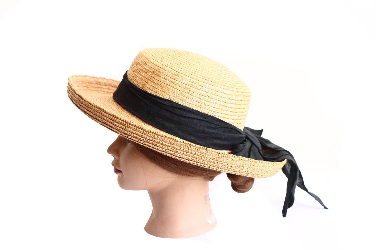 Beachy Straw Boater Hat with Black Cotton Bow