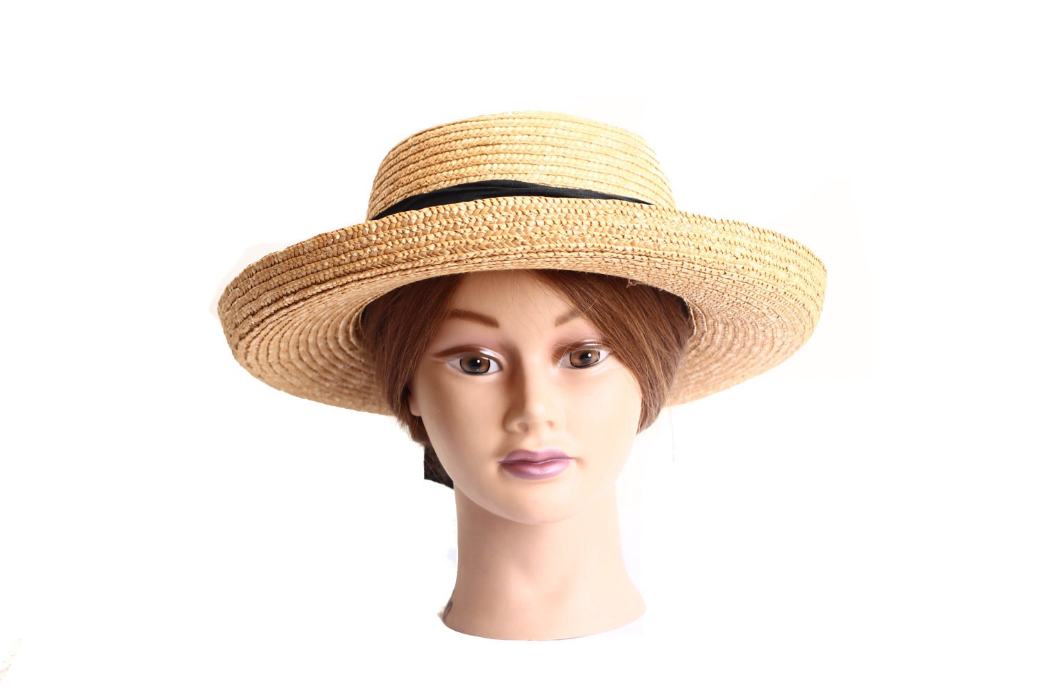Beachy Straw Boater Hat with Black Cotton Bow