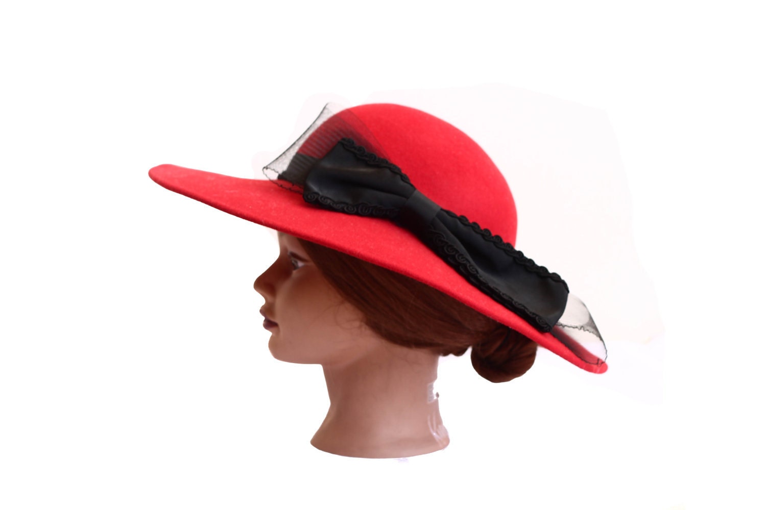 Red Wide Brim Wool Hat with Black Side Bow