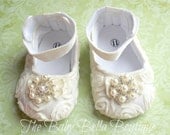 Baby Girl Ivory Satin Rosette Crib Shoes  ,Baby Shoes,Christening, Baptism, Wedding, Ready to ship