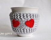 Red heart  Mug Cozy, Cup Cosy, Mug Warmer knitted, grey color,valentines gift