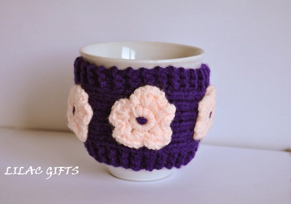 Mug Cozy, Cup Cosy, Mug Warmer knitted,purple and peach color, crocheted flower