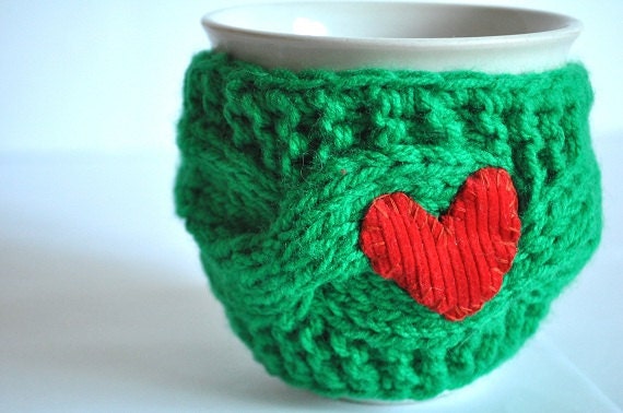 Mug Cozy, Cup Cosy, Mug Warmer knitted, green color, valentines gift, Red heart