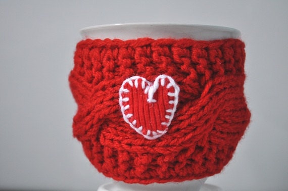 Mug Warmer knitted, red color,valentines gift, mug cozy, Red heart