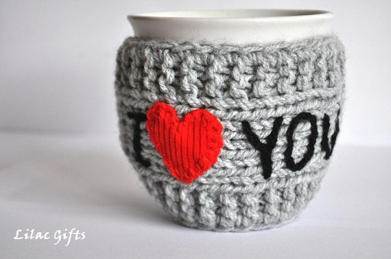 Mug Cozy I Love you, Personalized Mug Cozy, any color, any word, red heart, grey color, Mothers day, Valentines day - LilacGifts