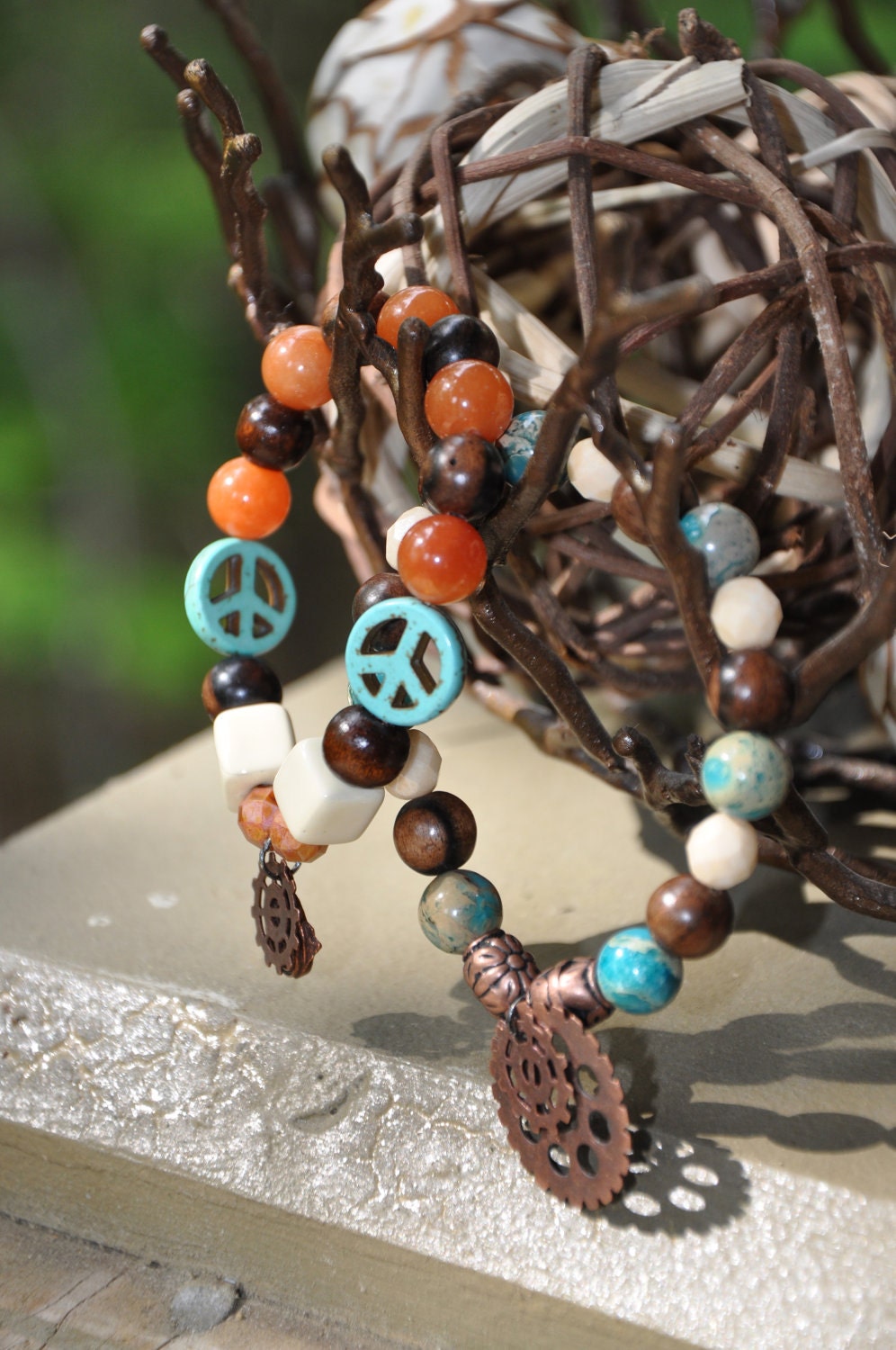 Teal Peace & Rust Orange bracelets - set of 2