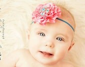 Cotton Candy Pink Satin Ribbon Rosette Headband With Rhinestone Embellishment Stunning Vintage Style Newborn Photo Prop