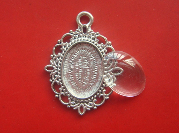 20 sets Antique Silver Pendant Charm 13x18mm Oval Cameo Base Settings with matched glass cabs, Photo Pendant DIY Kit