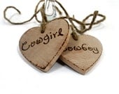 Rustic Wedding tags. Set of two custom Wedding wooden keepsake hearts  Cowboy and Cowgirl.