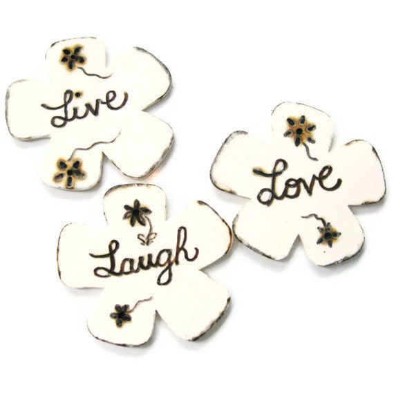Set of 3 wood burned magnets. Live, Laugh, Love. Wood Art, shabby chic.