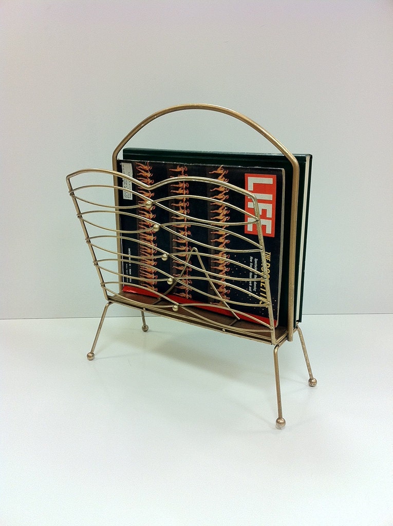 Vintage Magazine Rack Mid Century Atomic Gold