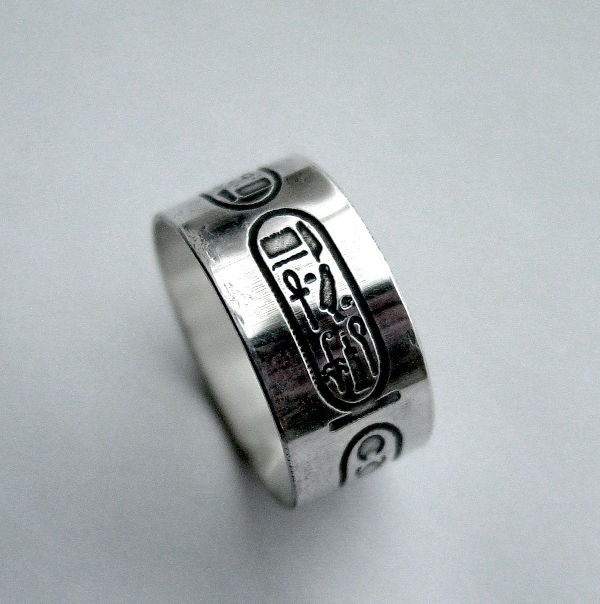 Custom Personalized Egyptian Hieroglyph Cartouche of King Tut sterling silver ring etched band custom
