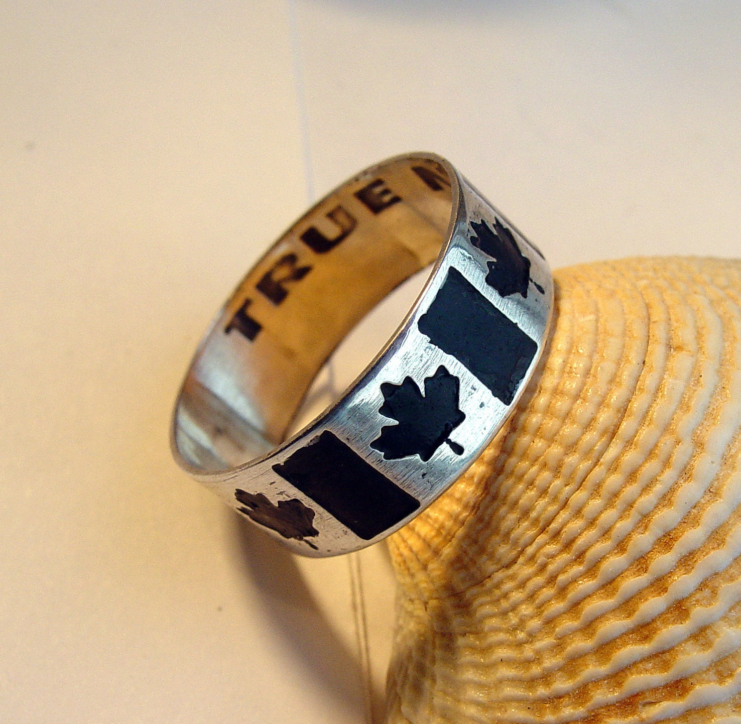 Custom Personalized Canadian flag etched ring Sterling silver band Canada Maple Leaf