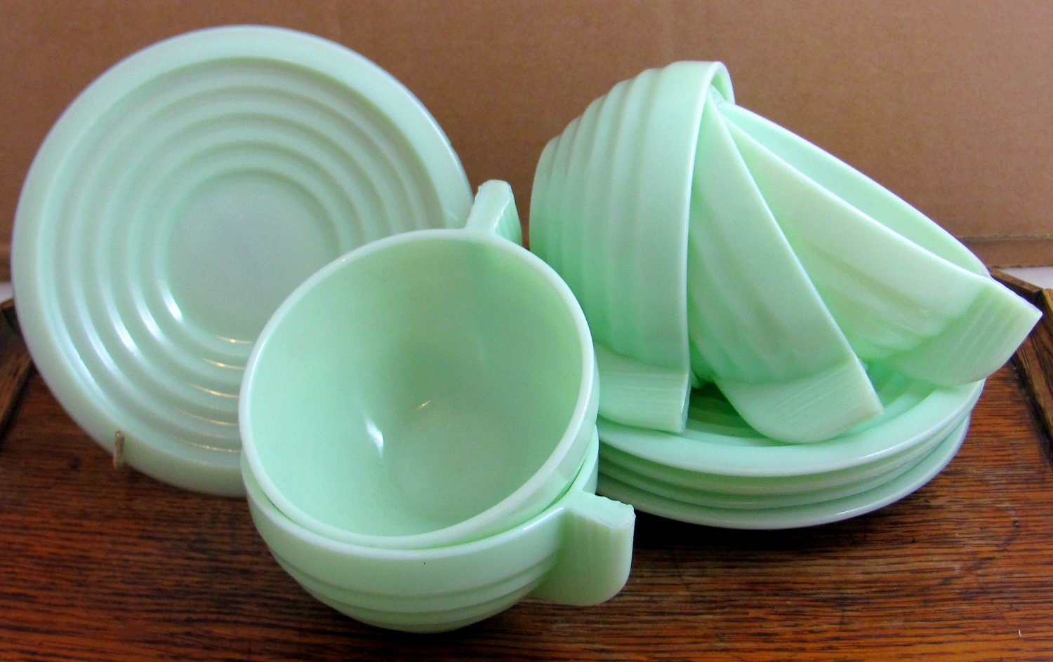 Art Deco French Jadeite/Jadite Jade Green Milk Glass Tea Set 5 Ribbed Cups & Saucers 1930s