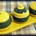 Retro Yellow Sputnik Cruet, 1960s Portuguese Navy Striped Grid on Canary Yellow Secla Atomic Nuclear 4-piece Cruet inc Tray
