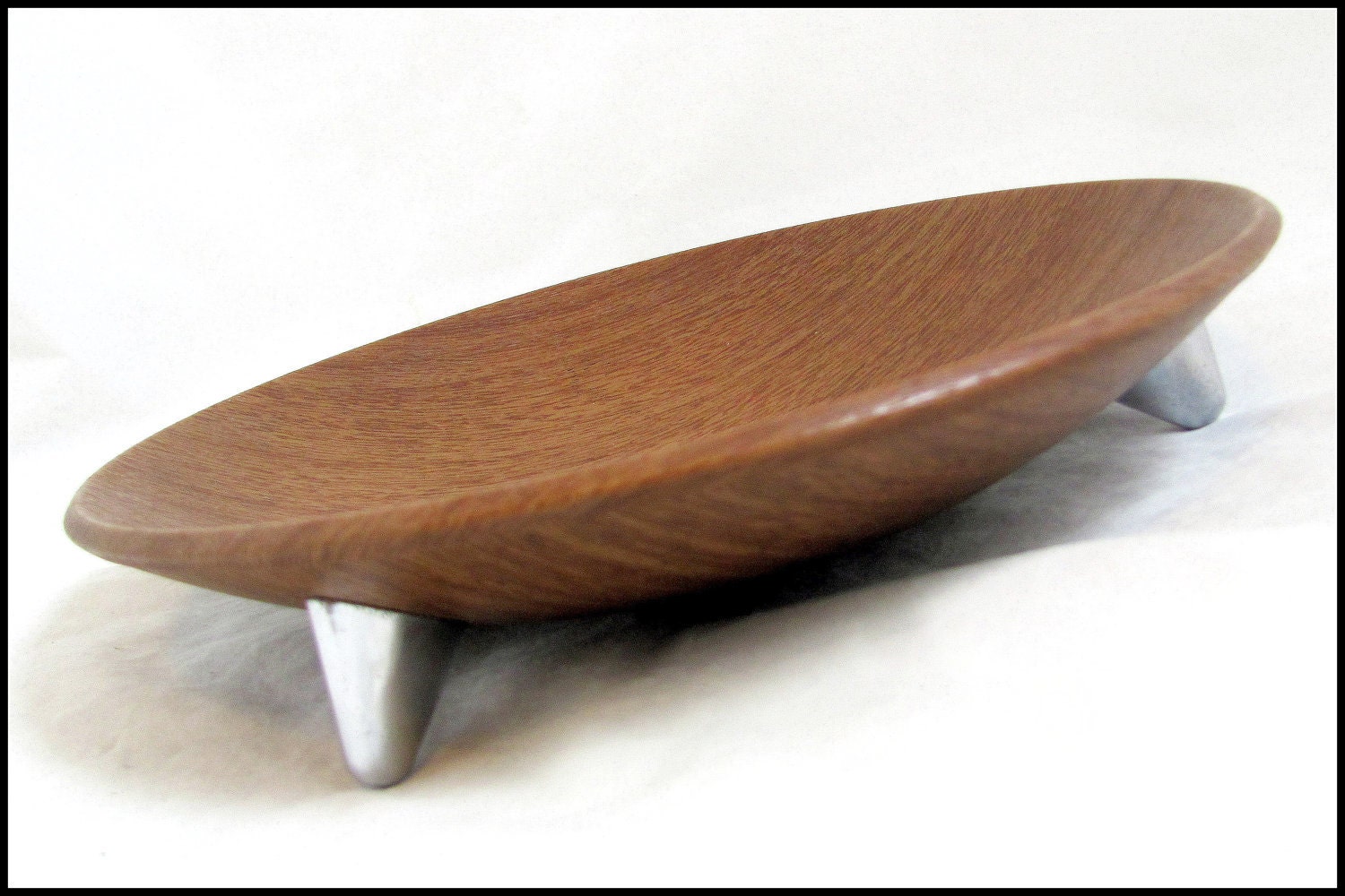 Retro Space Age Bowl, Mid Century Modern Teak Wood Effect Ianthe Flying Saucer Fruit Bowl Tripod Chrome Legs English 1960s