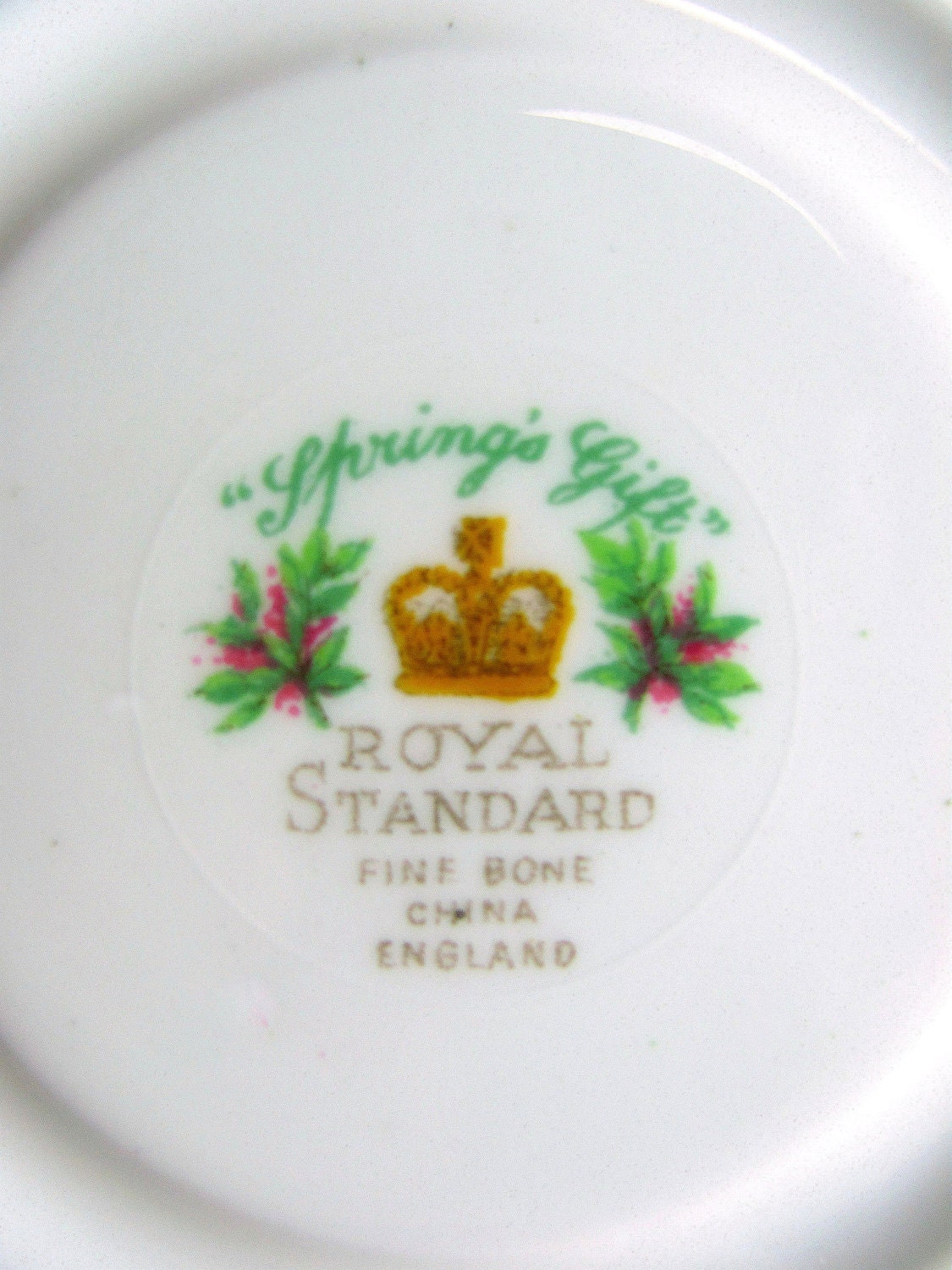 Art Deco Woodland Trio, Vintage Royal Standard English Bone China 'Spring's Gift' China Cup, Saucer, Teaplate Trio Set 1950s