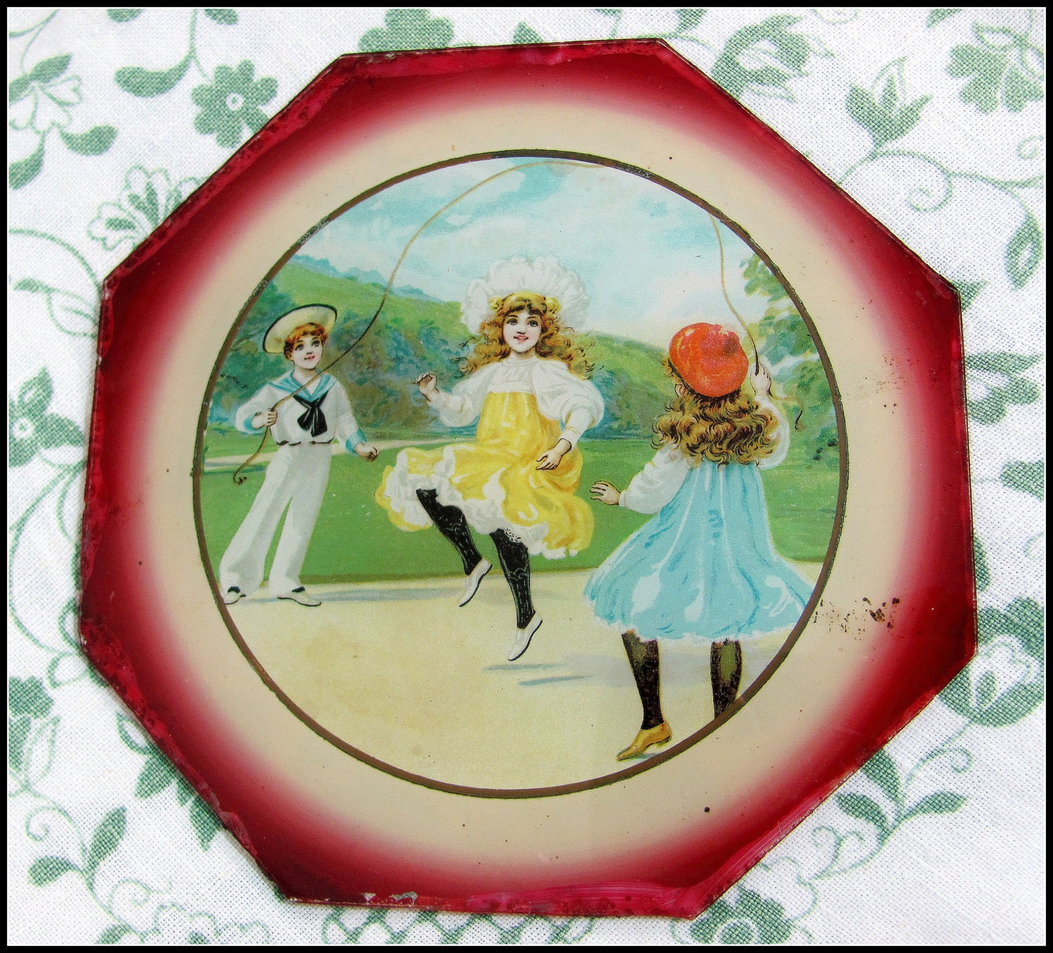 REDUCED Victorian Underglass Painting, 19thC 'Chocolate Box' Children Playing with Skipping Rope Octagonal Unframed Reverse Painting