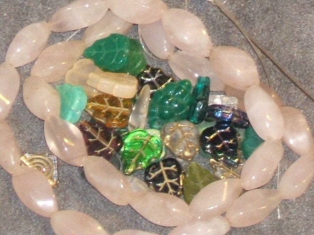 MIX Leaf vintage Beads plus ROSE QUARTZ strand 40pc