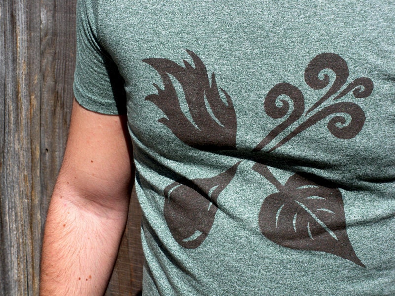 Four Elements T-Shirt - Brown Print on Heather Green Crew Neck - Men's Size S