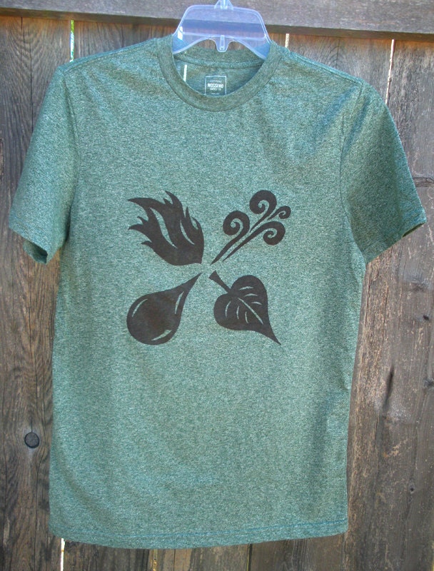Four Elements T-Shirt - Brown Print on Heather Green Crew Neck - Men's Size S