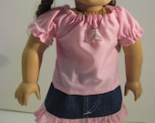 American Girl Doll Clothes Pink Peasant Blouse Denim Ruffle Skirt For Spring and Summer